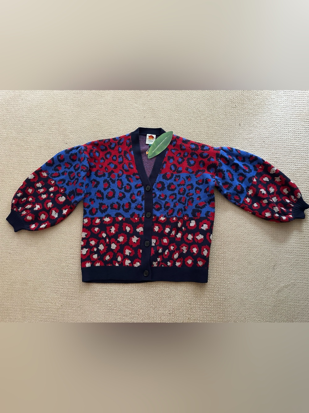 NWT FARM Rio Blue and Red Leopard Print Cardigan Sweater  Medium M $215